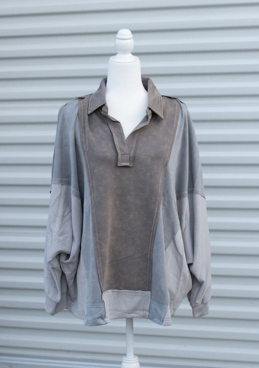 Grey Mineral Washed Color Block Oversized Top