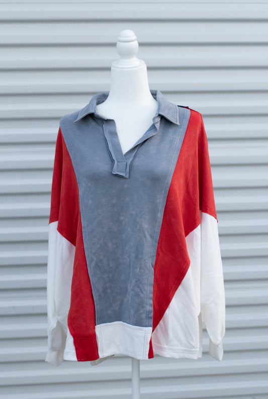 RED-BLUE-WHITE Mineral Washed Color Block Oversized Top