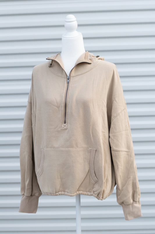 HALF ZIP HOODIE-TAUPE